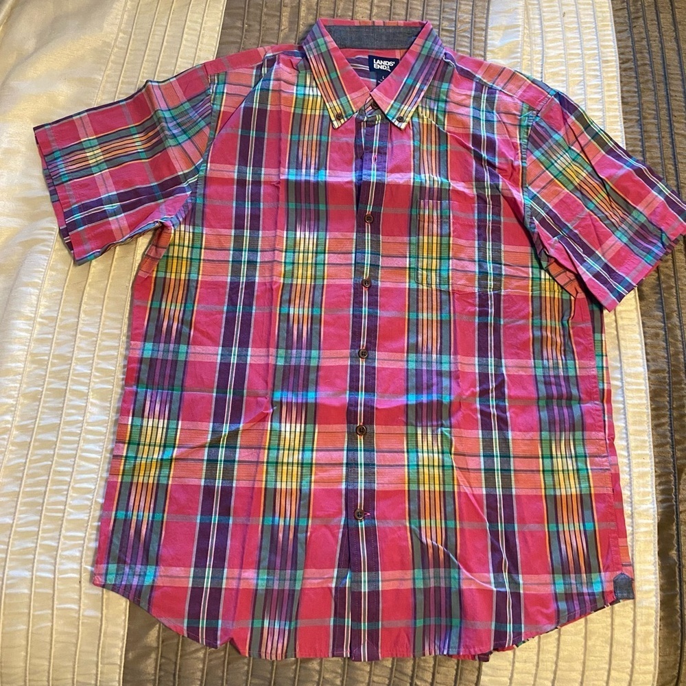 Lands End - NEW -Men's Traditional Fit Short Sleeve Madras Shirt Large Pink Ikat